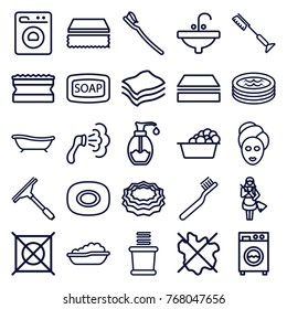 Set of 25 wash outline icons such as baby bath, soap, toothbrush, spa mask, soap, window squeegee, sponge, no wash, shower, laundry, no dry cleaning, maid, towels, sink