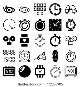 Set of 25 watch filled and outline icons such as clock, heart rate watch, eye, wrist watch for woman, digital clock, alarm, binoculars, wall clock, digital time