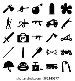 Set of 25 weapon filled icons such as axe, ninja, caveman, bomb, dynamite, sword, arrow bow, catapult, mace, spear, cannon, truck rocket, war helmet, bullet