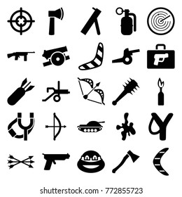 Set of 25 weapon filled icons such as boomerang, ninja, bow, sligshot, rocket bomb, dynamite, arrow bow, mace, axe weapon, cannon, tank, gun, submachine gun, sniper target