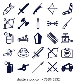 Set of 25 weapon filled and outline icons such as boomerang, sword, bow, dynamite, arrow bow, axe weapon, cannon, truck rocket, submachine gun, briefcase with weapon