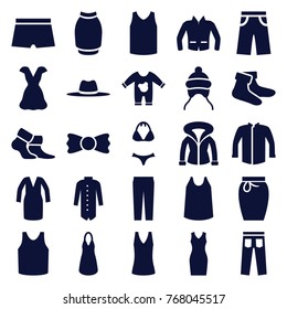 Set of 25 wear filled icons such as baby cap, socks, dress, singlet, jacket, pants, skirt, bow tie, hat, man swim wear, swimsuit, baby onesie