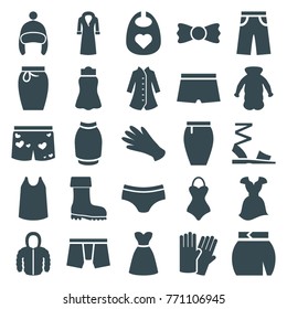Set of 25 wear filled icons such as baby bid, glove, gloves, man underwear, singlet, pants, skirt, dress, overcoat, bow tie, boot, underwear with heart, man swim wear