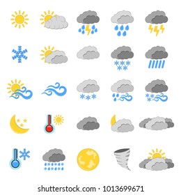 Set of 25 Weather Icon. Weather label for Web on white background. Cartoon Vector Illustration.