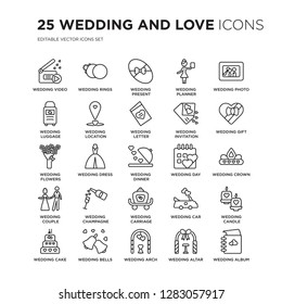 Set of 25 Wedding and love linear icons such as video, Rings, wedding Present, planner, photo, vector illustration of trendy icon pack. Line icons with thin line stroke.