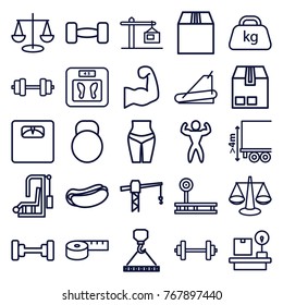 Set of 25 weight outline icons such as barbell, floor scales, construction crane, hook with cargo, scales, hot dog, measuring tape, waist fitness, fintess equipment
