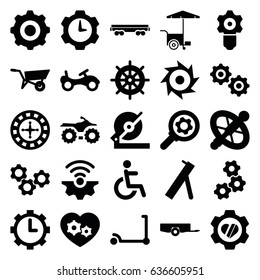 set of 25 wheel filled icons such as barrow, bike, kick scooter, helm, roulette, circular saw, fast food cart, heart in gear, disabled, cargo wagon
