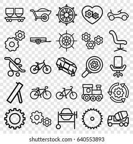 set of 25 wheel outline icons such as gear, barrow, bike, train toy, lottery, office chair, blade saw, concrete mixer, wheelbarrow, bicycle, cargo wagon, helm