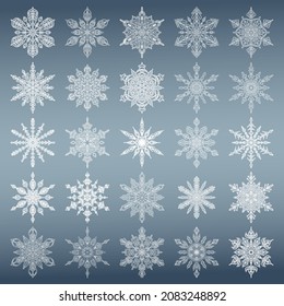 Set of 25 white snowflakes on a blue gradient background. A gentle symbol of winter. Openwork winter patterns.