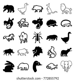 Set of 25 wild filled and outline icons such as bear, hippopotamus, lion, goose, hog, hedgehog, fish, squirrel, horse, buffalo, rabbit, ant, kangaroo