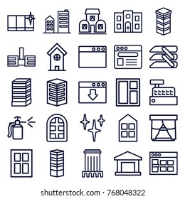 Set of 25 window outline icons such as window, business centre, business center building, building, clean, spray bottle, browser, hospital building, download cloud, blinds