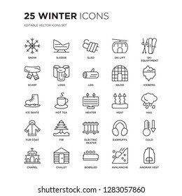 Set of 25 Winter linear icons such as Snow, Sledge, Sled, Ski lift, Equiptment, Iceberg, Hail, Cold, Chalet, Anorak Vest, vector illustration of trendy icon pack. Line icons with thin line stroke.