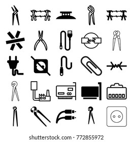 Set of 25 wire filled and outline icons such as pliers, no plug, earphone wire, phone connection cable, plug, phone cable, cable, plug socket