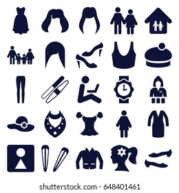 set of 25 woman filled icons such as hairstyle, sawing, hair barrette, necklace, casino girl, female wc, shoe, sport bra, blouse, dress, jacket, family home