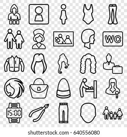 set of 25 woman outline icons such as baby changing room, face, hairstyle, casino girl, wc, bag, jacket, nurse, wrist dial watch, couple, family, family photo