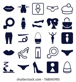Set of 25 women filled and outline icons such as straight hair, lips, woman shoe, slim, female wc, shoe, female underwear, woman symbol, male wc, bag