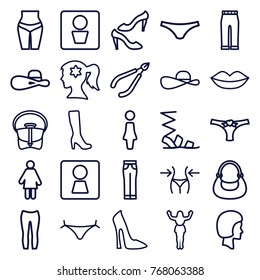 Set of 25 women outline icons such as man wc, woman wc, woman, panties with heart, lips, slim, sandals, shoe, female underwear, bag, waist fitness, face