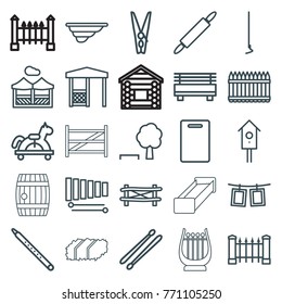 Set of 25 wooden outline icons such as fence, cutting board, toy horse, tree and bench, hoe, gazebo, nesting house, xylophone, musical pipe, drum stick, bench, cloth pin