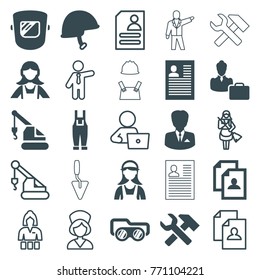 Set of 25 worker filled and outline icons such as maid, resume, crane, gardener jumpsuit, helmet, woman consultant with case, businessman, casino girl, man with laptop, nurse