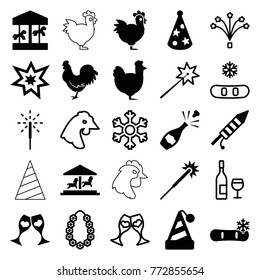 Set of 25 year filled and outline icons such as chicken, sparklers, party hat, carousel, clink glasses, sparkler, fireworks, champagne, snowflake, garland