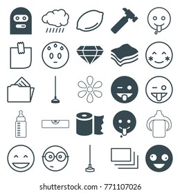 Set of 25 yellow filled and outline icons such as hummer, crazy emot, emoji showing tongue, thief emot, hoe, sponge, sun, lemon, blush, nerd emoji, glued note