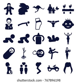 Set of 25 young filled icons such as rabbit, kangaroo, baby, baby bottle, bike, woman hairstyle, casino boy, casino girl, head bang emot, mother and son, newborn child
