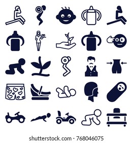 Set of 25 young filled and outline icons such as baby, baby bottle, bike, slim, head bang emot, newborn child, man doing exercises, face, plant, casino girl