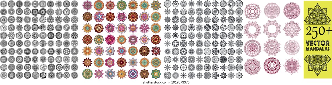 Set of 250+ mandala vectors, Coloring mandala vectors, Beautiful mandala vector.