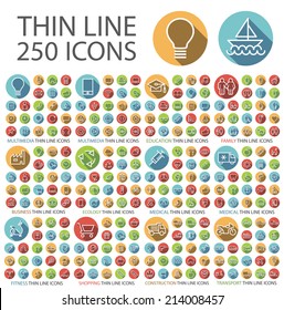 Set of 250 Universal Flat Minimalistic Thin Line Icons on Circular Colored Buttons ( Business , Multimedia , Education , Ecology , Medical , Fitness , Shopping , Construction , Transport ).