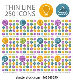 Set of 250 Universal Flat Minimalistic Thin Line Icons on Circular Colored Buttons ( Business, Multimedia, Education, Ecology, Medical, Fitness, Shopping, Construction, Transport )