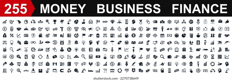 Set of 255 business icons. Money, Business and Finance web icons isolated. Money, contact, bank, check, auction, exchange, payment, wallet, deposit, piggy, calculator, coin and many more - vector