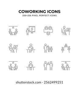 Set of 256x256 pixel perfect coworking space icons depicting teamwork meetings presentations and various collaborative activities in a modern office setting. Ideal for websites and apps