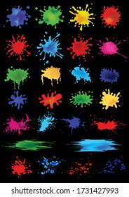Set of 26 blots paint splashes on a black background. Paint colorful blots collection
different sizes and shapes of liquid blots.