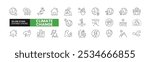 Set of 26 Climate Change line icons set. Climate Change outline icons with editable stroke collection. Includes Global Warming, Glacier Melting, Air Pollution, Flooding, Extreme Weather, and More.