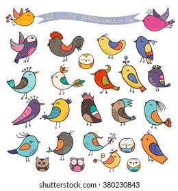 Set of 26 cute birds in vector. Cartoon collection with funny little bird family.