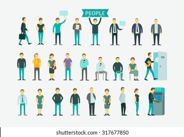 Set With 26 Different People Flat Conception Vector Illustration ATM, Queue Turn The Door