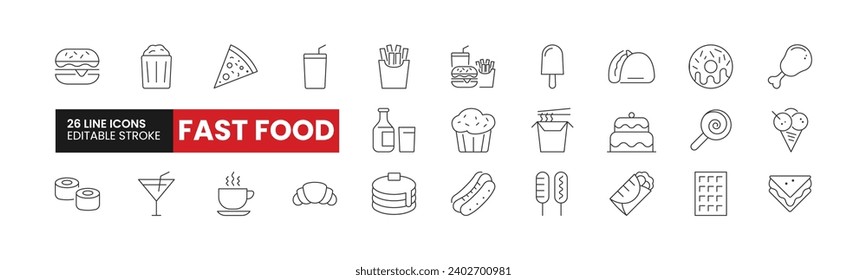 Set of 26 Fast Food line icons set. Fast Food outline icons with editable stroke collection. Includes Burger, Soda, Ice Cream, Hotdog, Pancakes, and M