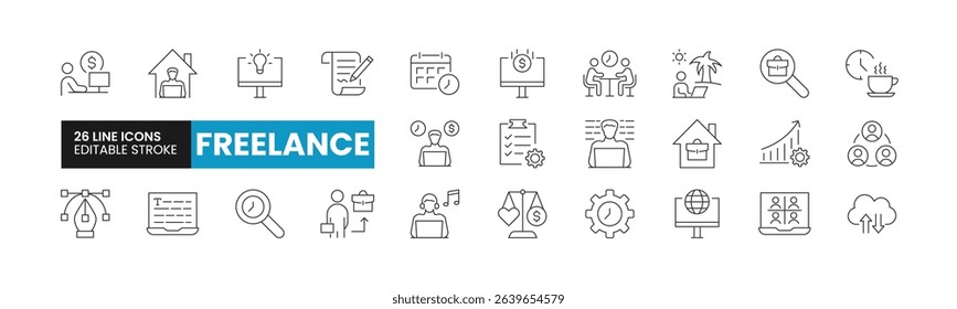 Set of 26 Freelance line icons set. Freelance outline icons with editable stroke collection. Includes Freelancer, Work From Home, Productivity, Graphic Designer, Work-Life Balance, and More.