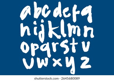 Set of 26 hand-drawn white letters A–Z on blue background in modern aesthetic style. Ideal for branding, initials, posters, and creative typographic projects.