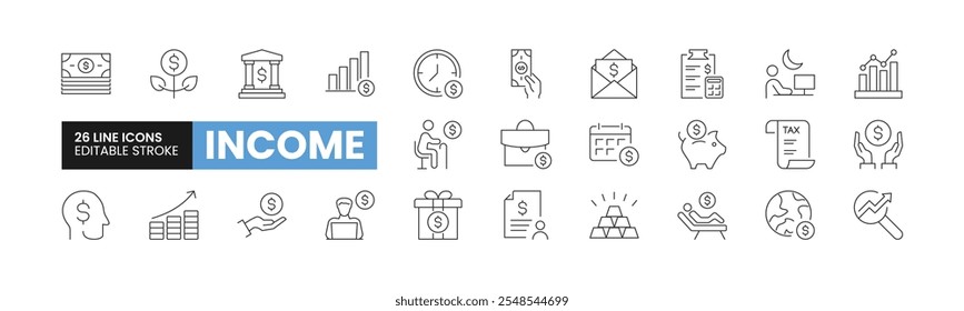 Set of 26 Income or Salary line icons set. Income outline icons with editable stroke collection. Includes Paycheck, Hourly Rate, Overtime, Stock Market, Investment, and More.