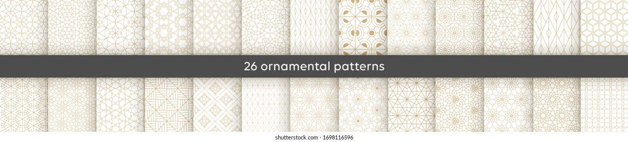 Set of 26 oriental patterns. White and gold background with Arabic ornaments. Patterns, backgrounds and wallpapers for your design. Textile ornament. Vector illustration.