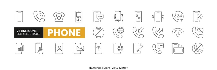 Set of 26 Phone line icons set. Phone outline icons with editable stroke collection. Includes Call, Telephone, Smartphone, No Phone, Email, and More.