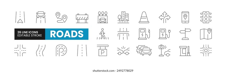 Satz von 26 Straßen Linie Symbole gesetzt. Straßen Umrisssymbole mit bearbeitbarer Kontur-Kollektion. Beinhaltet Autobahn, Mautstellen, Ampeln, Zebrastreifen und vieles mehr.