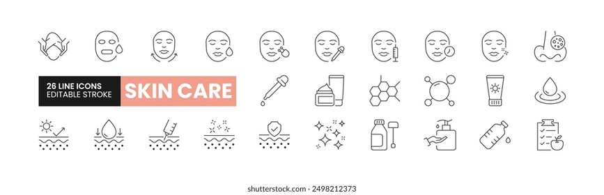 Set of 26 Skincare line icons set. Skincare outline icons with editable stroke collection. Includes Face Mask, Sunscreen, Skincare Products, Nutrition, UV Protection, and More.