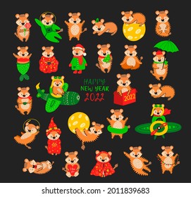 A set with 26 tigers. New Year's Eve 2022. A large set with the symbol of the New Year according to the Chinese calendar. Cute wild animals for the 2022 calendar. Design of greeting cards.