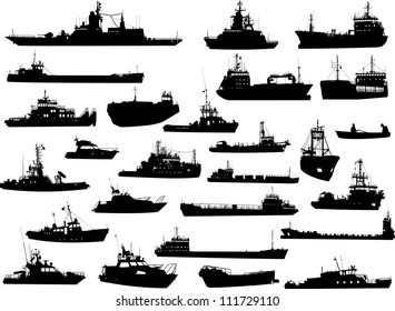 Set of 26 (twenty six) silhouettes of sea yachts, towboat and the ships