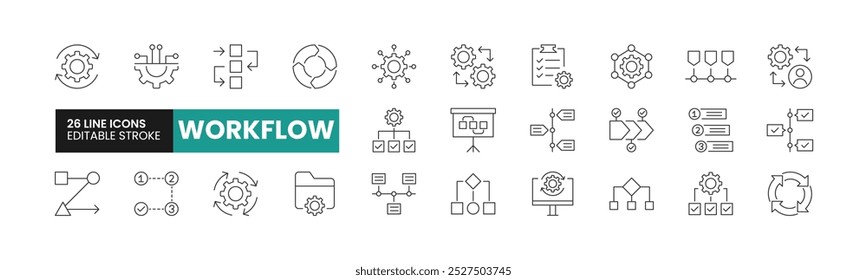 Satz mit 26 Symbolen für die Workflowzeile. Workflow-Gliederungssymbole mit bearbeitbarer Strichsammlung. Umfasst Prozess, Zeitachse, Verarbeitung, Netzwerk, Projekt und mehr.