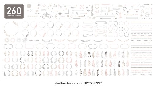 Set of 260 design elements. Wreath, frames, calligraphic, swirls divider, laurel leaves, ornate, award, arrows. Decorative vintage line elements collection. Vector illustration.