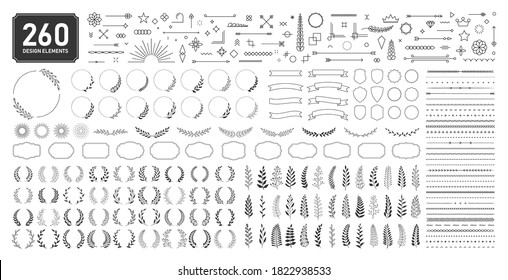 Set of 260 design elements. Wreath, frames, calligraphic, swirls divider, laurel leaves, ornate, award, arrows. Decorative vintage line elements collection. Vector illustration.