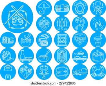 Set of 27 blue round flat vector icons with white line japanese food. Sushi, seafood dish, sake, fish, rice and other menu elements for restaurant business